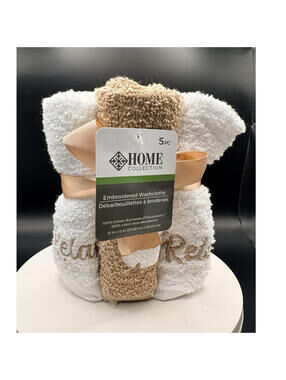 EMBROIDERED 100% Cotton Washcloths White Beige 5pc Set 12x12in Set of 5